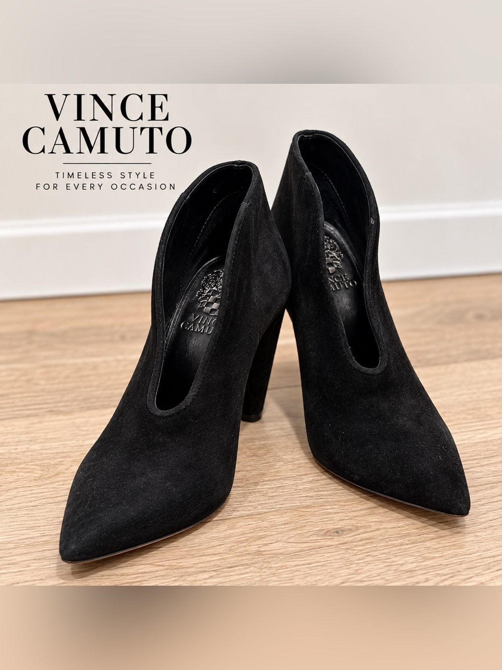 Vince Camuto Black Suede Pointed Toe Ankle Booties Heels-size 5 1/2